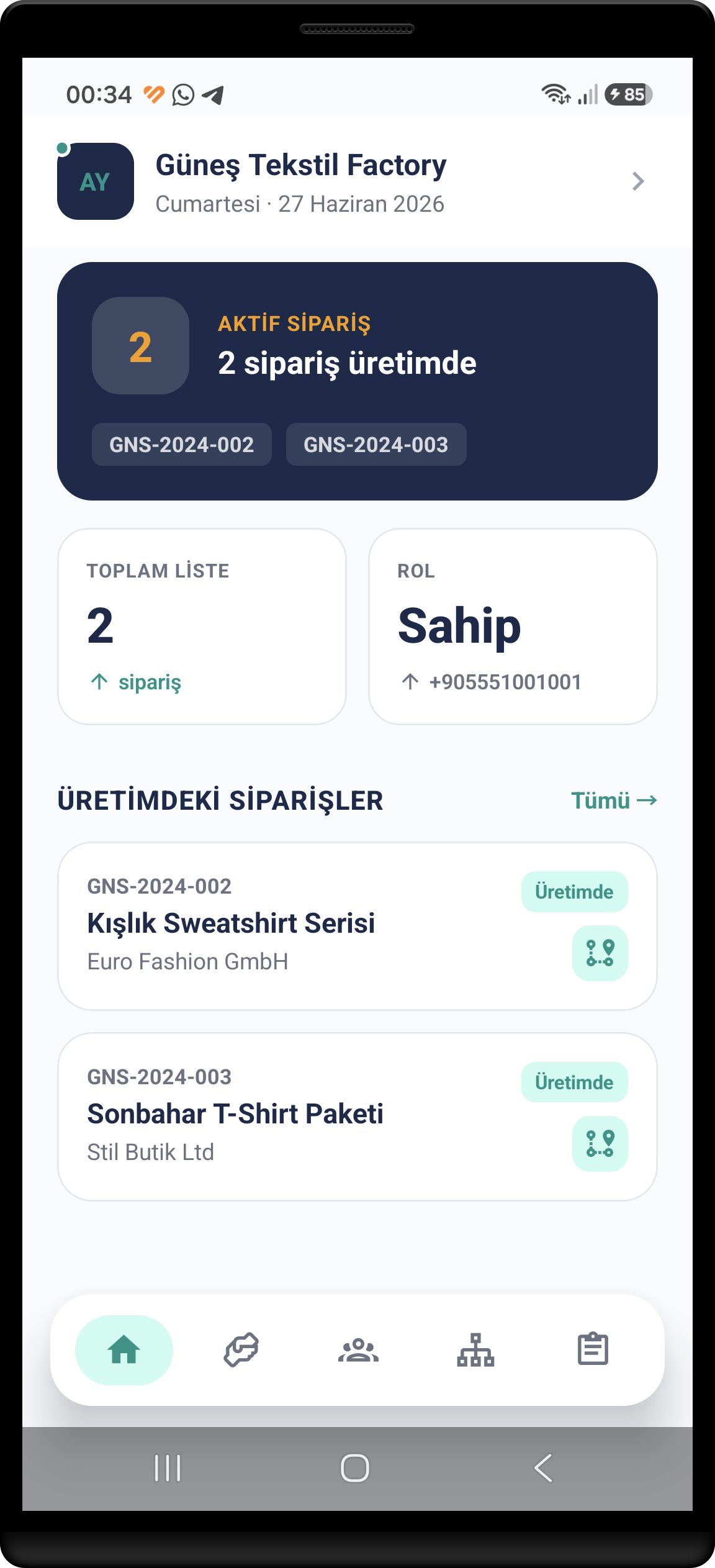 PlanTeks uygulaması üretim paneli ekranı